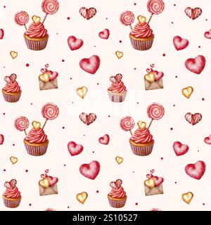 Nahtloses Valentinstag-Muster. Aquarellmuster mit Herzen, Lutscher und Cupcake. Umschläge. Design für Stoff, Schreibwaren, Notizbücher und Stockfoto
