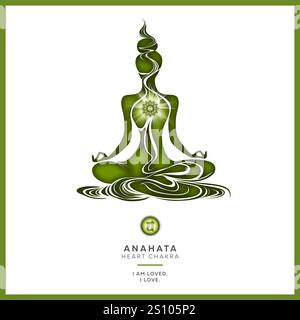 Herzchakra (Anahata) Meditation mit Affirmation. Weibliche Silhouette in Yoga-Lotus-Pose, Inspiration für Transformation, Chakra-Energieheilung. Stockfoto