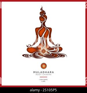 Wurzelchakra (Muladhara) Meditation mit Affirmation. Weibliche Silhouette in Yoga-Lotus-Pose, Inspiration für Transformation, Chakra-Energieheilung. Stockfoto