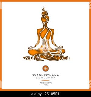 Sakralchakra (Svadhisthana) Meditation mit Affirmation. Weibliche Silhouette in Yoga-Lotus-Pose, Inspiration für Transformation, Chakra-Energieheilung. Stockfoto