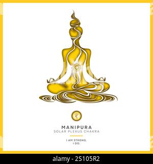 Solarplexus Chakra, (Manipura) Meditation mit Affirmation. Weibliche Silhouette in Yoga-Lotus-Pose, Inspiration zur Transformation, Chakra-Energie. Stockfoto