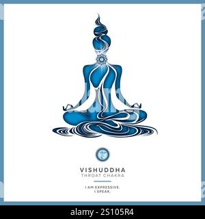 Rachenchakra (Vishuddha) Meditation mit Affirmation. Weibliche Silhouette in Yoga-Lotus-Pose, Inspiration für Transformation, Chakra-Energieheilung. Stockfoto