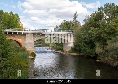 Brücke über den Fluss Porma in der Stadt Puente Villarente de Villaturiel auf dem Jakobsweg in der Provinz Leon. Stockfoto