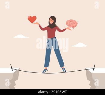 Gleichgewicht zwischen Gehirn und Herz. Kontrollgefühl und Emotionskonzept. Die islamische Frau versucht, zwischen Instinkt und Intellekt auszubalancieren. Vektor Stock Vektor