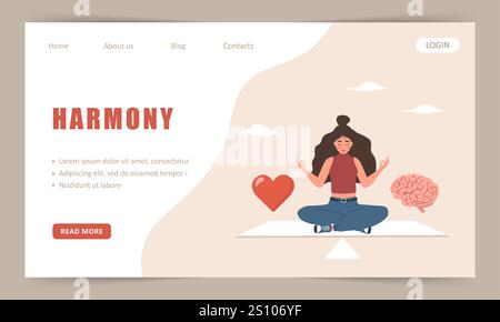 Harmonie von Gehirn und Herz. Vorlage für Landing-Page. Frau entscheidet sich über Emotionen und Weisheit. Flaches Design. Vektorillustration im Cartoon-Stil Stock Vektor