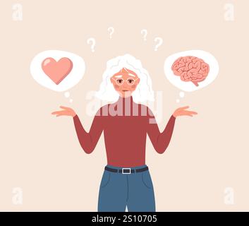 Gleichgewicht zwischen Herz und Gehirn. Emotionale Intelligenz. Älterer weiblicher Charakter, der sich zwischen Gefühlen und Verstand entscheidet. Vektorabbildung in Stock Vektor