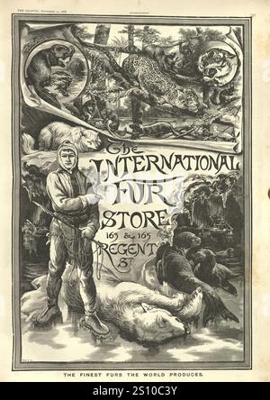 Alte viktorianische Zeitungsseite mit Werbespot für internationales Pelzgeschäft, London 1880er 19. Jahrhundert Stockfoto