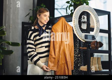 Eine modische Frau zeigt ihre Outfit-Auswahl, während sie Inhalte für ihr Publikum filmt. Stockfoto