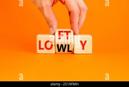 Symbol „hoch“ oder „niedrig“. Concept Words Lofty niedrig auf Holzblock. Schöner oranger Tisch mit orangefarbenem Hintergrund. Geschäftsmann Hand. Geschäftlich hoch oder niedrig Stockfoto