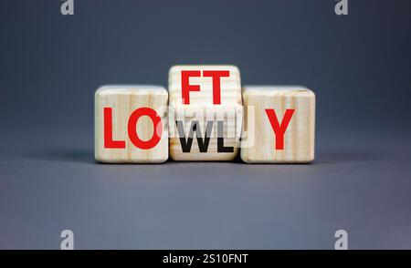 Symbol „hoch“ oder „niedrig“. Concept Words Lofty niedrig auf Holzblock. Schöner grauer Tisch grauer Hintergrund. Geschäftliches oder schwaches Konzept. Kopierbereich. Stockfoto
