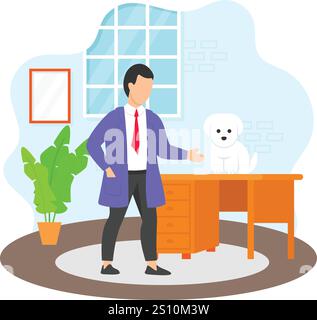 Welpe sitzend auf Schreibtisch mit VET Konzept, Indoor Doktor überprüft den Hund in der Klinik Vektor Icon Design, Haustierpfleger und Hotel Symbol, Zwinger Tiere Stock Vektor