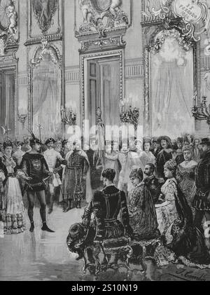 Geschichte Spaniens. Madrid. Kostümball im Palast der Herzöge von Fernan-Nunez am 25. Februar 1884. Präsentation im Hauptsaal der extra „La Commedia dell’Arte“, vor König Alfonso XII. (1857-1885) und Königin Maria Christina von Österreich (1858-1929) und den Fürsten von Bayern, Infantin Maria de la Paz von Spanien (1862-1946) und Prinz Ludwig Ferdinand von Bayern (1859-1949) (Sitzplatz). Zeichnung von Juan Comba. Stich von Arturo Carretero (1852-1903). Details. La Ilustracion Espanola y Americana (die spanische und amerikanische Illustration), 15. März 1884. Stockfoto