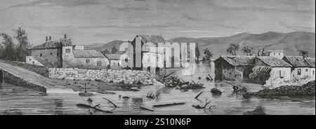 Geschichte Spaniens. Überschwemmungen in Lorca (Murcia). Allgemeiner Aspekt des Viertels Santa Quiteria am Nachmittag des 22. Mai 1884. Stich von Bernardo Rico (1825-1894). La Ilustracion Espanola y Americana (die spanische und amerikanische Illustration), 30. Mai 1884. Stockfoto