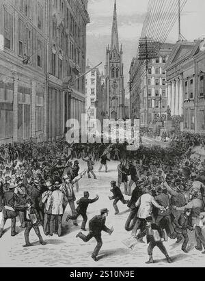 New York, Usa. Panik von 1884. Wirtschaftskrise während der Depression von 1882-1885. Wall Street auf dem Höhepunkt der Panik am Nachmittag des 14. Mai 1884. Perspektive von der Seite gegenüber der Dreifaltigkeitskirche. Stich von Vela. La Ilustracion Espanola y Americana (die spanische und amerikanische Illustration), 8. Juni 1884. Stockfoto