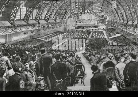 Usa. Chicago. 8. Republikanischer Nationalkonvent (3-6. Juni 1884). Vorbereitungen für die Präsidentschaftswahl. Sitzung in der großen Ausstellungshalle am 1. Juni 1884. James G. Blaine (1830–1893), ein ehemaliger Senator aus Maine, wurde als republikanischer Kandidat für die Wahlen im November 1884 nominiert. Blaine wurde von Grover Cleveland knapp besiegt. Stich von Bernardo Rico (1825-1894). La Ilustracion Espanola y Americana (die spanische und amerikanische Illustration), 22. Juni 1884. Stockfoto