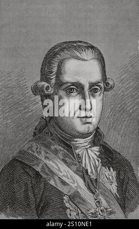 Jose Monino y Redondo, 1. Graf von Floridablanca (1728-1808). Spanischer Staatsmann. Staatssekretär (1777-1792). Hochformat. Illustration von Serra Pausas. „Glorias Espanolas“ (Glorias Espanolas). Band IV. Veröffentlicht in Barcelona, 1890. Stockfoto