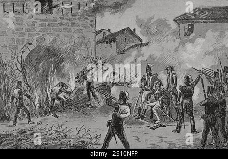 Spanien. Katalonien. Spanischer Unabhängigkeitskrieg (1808–1814). Die Stadt Manresa widersetzte sich viel Widerstand gegen die französische Besatzung. Zwischen 1810 und 1812 führte die französische kaiserliche Armee fünf Überfälle auf die Stadt durch. Vom 16. März bis zum 4. April 1810 kam ein bedeutendes französisches Kontingent unter dem Kommando von General Schwartz in Manresa ein. Am 5. November führten sie eine Strafoperation in der Stadt durch, bei der sie Häuser anzündeten und plünderten. Am 30. März 1811 ereigneten sich die schwersten Ereignisse im besetzten Manresa. General Macdonalds Truppen durchwühlten Häuser, zündeten rund 40 Gebäude in Brand und richteten sie aus Stockfoto