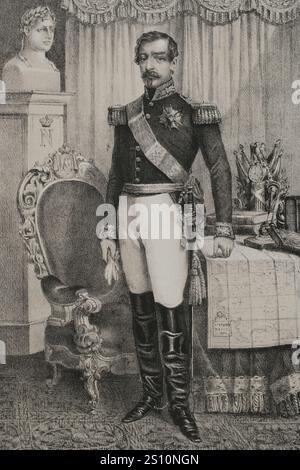 Napoleon III (1808-1873). Präsident der Zweiten Französischen Republik (1848-1852) und späterer Kaiser der Franzosen (1852-1870). Hochformat. Zeichnung von C. Legrand. Lithographie von J. Donon. „Reyes Contemporaneos“ (Zeitgenössische Könige). Band III. Veröffentlicht in Madrid, 1854. Stockfoto