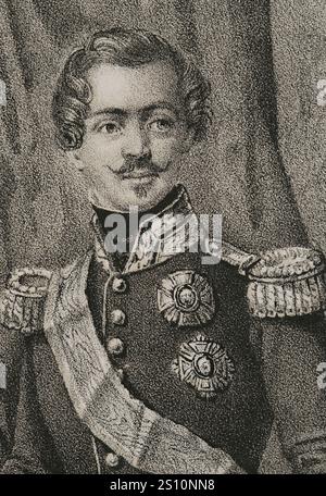 Otto von Griechenland (1815-1867). König von Griechenland (1832-1862). Er war bayerischer Fürst des Hauses Wittelsbach. Hochformat. Zeichnung von C. Legrand. Lithographie von J. Donon. Details. „Reyes Contemporaneos“ (Zeitgenössische Könige). Band III. Veröffentlicht in Madrid, 1854. Stockfoto