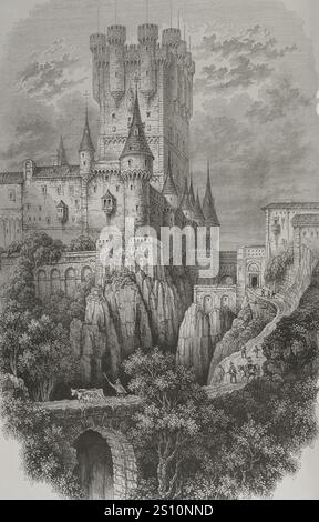 Geschichte Spaniens. Segovia. Alcazar. Stich von Wiesener. Los Heroes y las Grandezas de la Tierra (die Helden und die Grandeure der Erde). Band VIII. 1856. Stockfoto