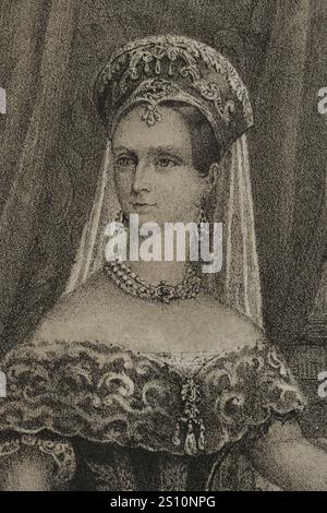 Charlotte von Preußen (1798-1860). Kaiserin von Russland (1825–1855) als Alexandra Fjodorowna, durch Heirat mit Zar Nikolaus I. (1796–1855). Hochformat. Zeichnung von C. Legrand. Lithographie von J. Donon. Details. „Reyes Contemporaneos“ (Zeitgenössische Könige). Band III. Veröffentlicht in Madrid, 1854. Stockfoto