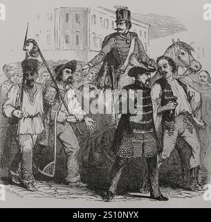 Ungarische Revolution von 1848 (15. März 1848-4, Oktober 1849). Es wurde ein Krieg um die ungarische Unabhängigkeit vom österreichischen Reich, obwohl es scheiterte. Eine Rekrutierung in Ungarn. Gravur von Hildibrand. Los Heroes y las Grandezas de la Tierra (die Helden und die Grandeure der Erde). Band VIII. 1856. Stockfoto