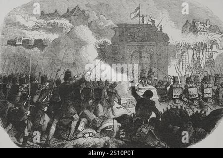 Ungarische Revolution von 1848 (15. März 1848-4, Oktober 1849). Belagerung von Buda (4. Bis 21. Mai 1849). General Heinrich Hentzi (1785–1849) führte im April 1849 eine Verteidigung auf der Budaer Seite der Donau ein und verlegte sein Hauptquartier nach der österreichischen Evakuierung von Pest auf der Burg Buda. Hentzi konnte sich der ungarischen Belagerung über einen Monat lang widersetzen und weigerte sich, sich aus Loyalität Kaiser Franz Joseph I. von Österreich zu ergeben. Ende Mai stürmten ungarische Truppen unter General Artur Gorgey (1818–1916) Buda und seine Burg. Ungarn ergreifen Buda. Gravur. „Los Heroes y las Grandezas de la Tierra“ Stockfoto