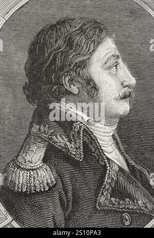 Charles Dugua (Charles Francois Joseph Dugua) (1744-1802). Französischer General während der Französischen Revolution. Er nahm an der Napoleonischen Kampagne in Ägypten und Syrien Teil. Hochformat. Zeichnung von Lienard. Stich von Pannemaker. "Geschichte der Französischen Revolution". Band I, 2. Teil, 1879. Stockfoto