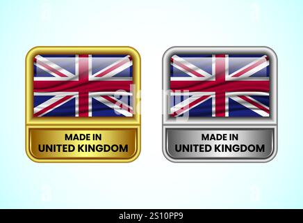 Made in United Kingdom Label Icon in Gold und Silber. Flaggensymbolgruppe für Unternehmen Stock Vektor
