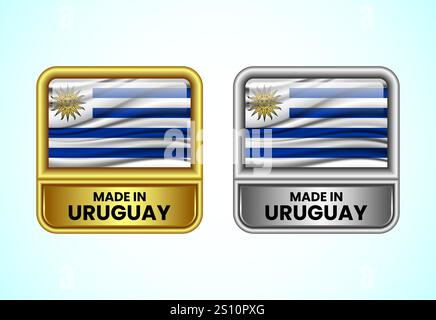 Das Label „Made in Uruguay“ ist in Gold und Silber gehalten. Flaggensymbolgruppe für Unternehmen Stock Vektor