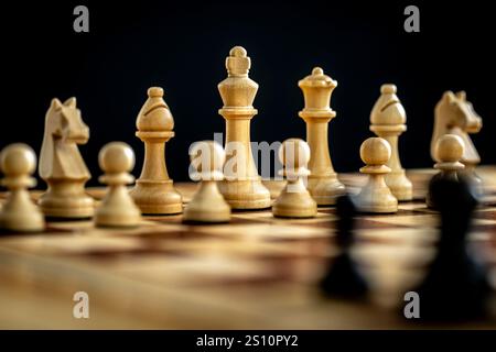 Weiße hölzerne Schachfiguren stehen auf einem Schachbretthintergrund Stockfoto