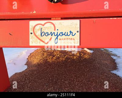 Bonjour Manitoba-Schild auf dem roten übergroßen Adirondack-Stuhl im Längszentrum in Tache, Manitoba, Kanada Stockfoto