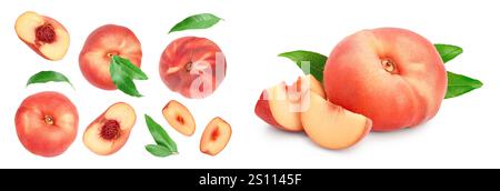 Reif chinesischen Flachbild pfirsich Obst und Hälfte mit Blatt auf weißem Hintergrund. Ansicht von oben. Flach. Stockfoto
