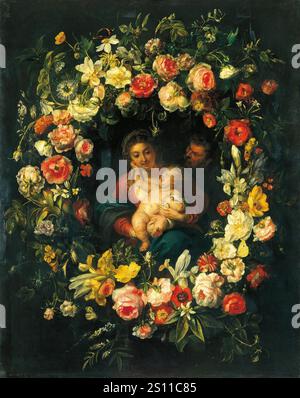 Erasmus Quellinus II, Frans Ykens - Heilige Familie in einem Kranz von Blumen. Stockfoto