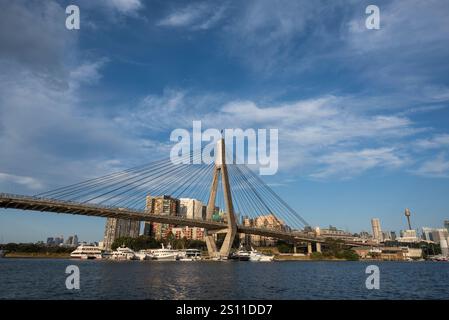 Blick auf die Anzac Bridge vom Glebe Foreshore Walk, Glebe, einem innerwestlichen Vorort, Sydney, NSW, Australien Stockfoto