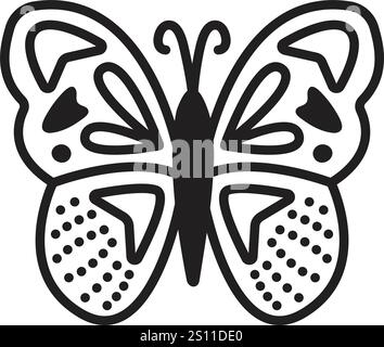 Schwarze Linie Schmetterling, Fliege mit schönen Flügeln, Vektor monochrome Illustration Stock Vektor