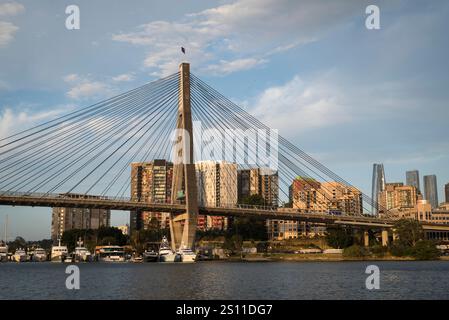 Blick auf die Anzac Bridge vom Glebe Foreshore Walk, Glebe, einem innerwestlichen Vorort, Sydney, NSW, Australien Stockfoto