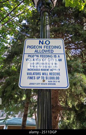 Kein Taubenfütterungsschild in Newport, Jersey City, New Jersey, USA Stockfoto