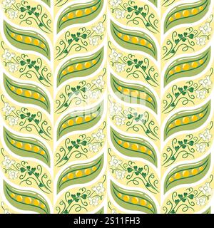 Ein nahtloses Muster mit Erbsenschoten und Blumen, wunderschön in einem flachen Stil dargestellt. Dieses bezaubernde Vektordesign verleiht einen frischen und natürlichen Touch Stock Vektor