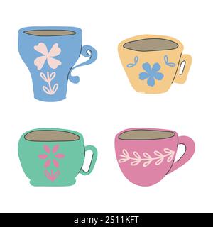 Clip-Art-Set mit Symbol für Teetassen. Doodle-Symbol, handgezeichnete dekorative Strichlinie, farbenfrohe Silhouette, flaches Design in Retro-Pastellfarben Stock Vektor