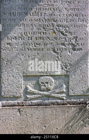 Grabstein mit Schädel und gekreuzten Knochen auf dem alten Friedhof, Collegiale Saint-Ursmer Kirche, Binche, Belgien Stockfoto