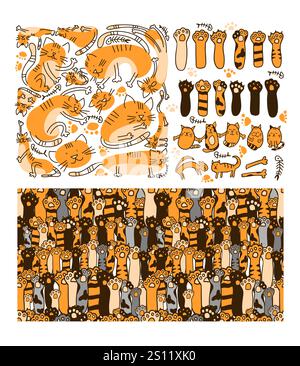 Niedliches Cat Paw-Element-Set. Nahtloser Hintergrund der Katzenpfote. Set süßer Katzen. Handzeichnung. Nicht AI, Vektorillustration Stock Vektor