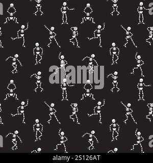 Tanzende Skelette auf schwarzem Hintergrund. Nahtloses Muster. Vektorabbildung. Stock Vektor