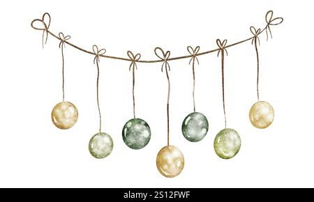 Aquarellgirlande Illustration mit Glühbirnen und festlichem Faden. Handgezeichnete Weihnachtsdekoration in warmen Herbstfarben für Partyeinladungen Stockfoto