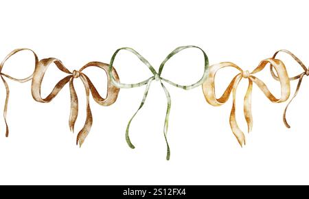 Nahtlose Borte im Vintage-Stil mit zarten Bändern, Schleifen und Satindetails. Illustration eines eleganten Ornaments für Hochzeitseinladungen Stockfoto