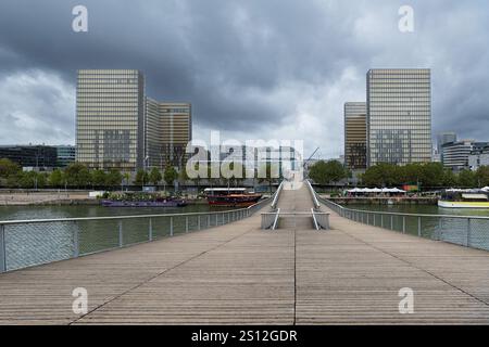 Die Brücke Passerelle Simone-de-Beauvoir und die Nationalbibliothek von Frankreich (Bibliothèque nationale de France) in Paris, Frankreich Stockfoto