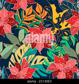 Nahtloses tropisches Muster mit Weihnachtsstern und exotischen Blättern Vektormuster Stock Vektor