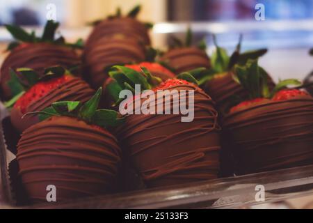 Eine Nahaufnahme von mehreren Erdbeeren mit Schokoladenüberzug auf einem Tablett. Stockfoto