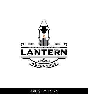 Camping-Logo mit Laterne Vintage Emblem Forest. Camping im Retro-Stil Entdecken. Outdoor-Adventure-Abzeichen. Reisen und Hipster-Outdo in den Bergen Stock Vektor