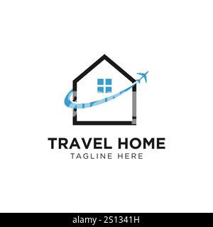 Design-Vorlage für Reiselogo für Heimflugzeuge. Vektor der Kombination aus Immobilien und Flugzeug-Logo Stock Vektor